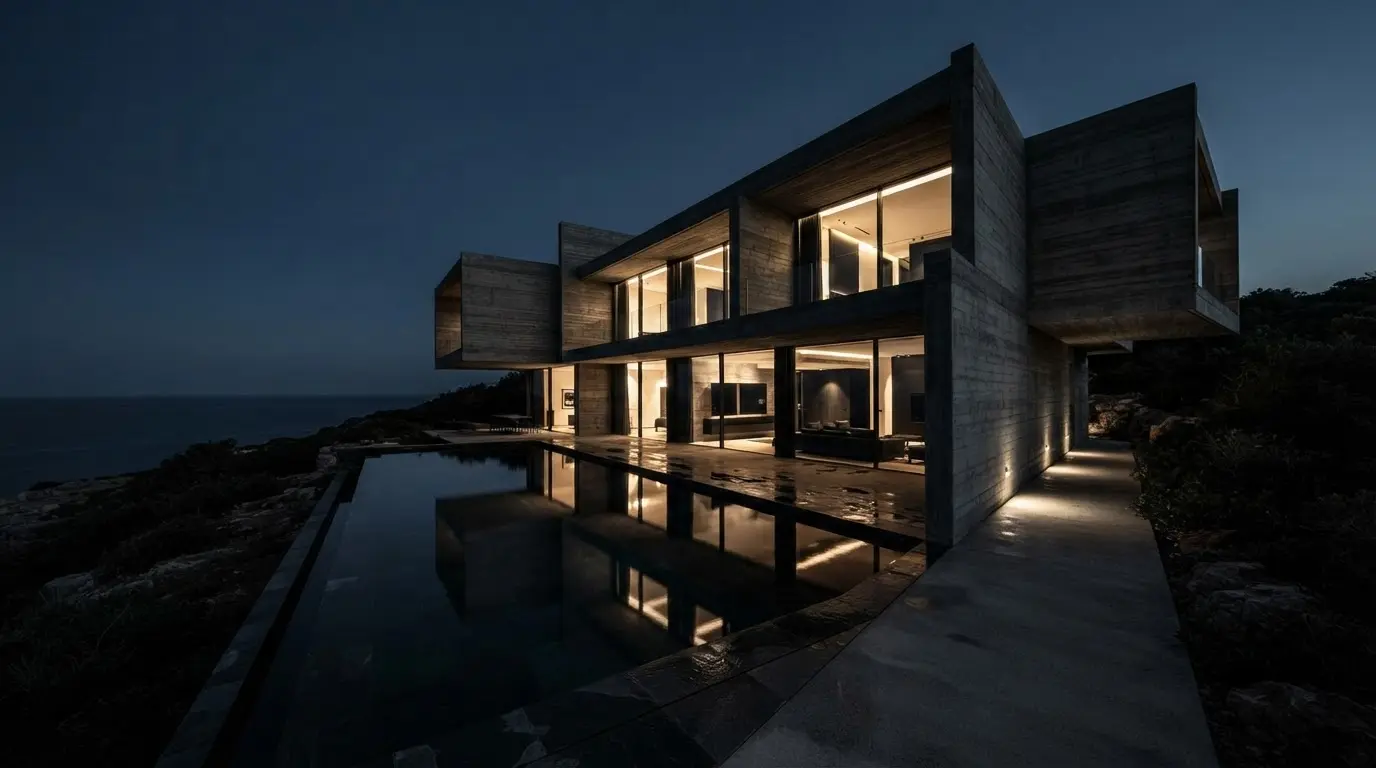 Modern home with an infinity pool at dusk